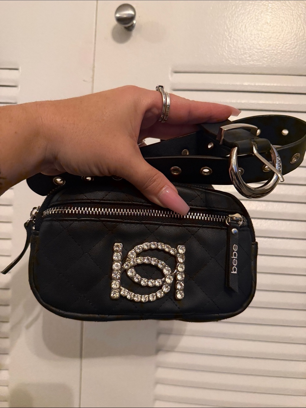 bebe Black Quilted Rhinestone Logo Mini Belt Bag